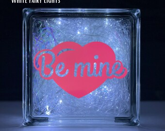 Valentines day &#39;Be Mine&#39; glass block light with fairy or plugin light options with or without ribbon bow