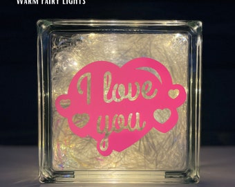 Valentines day 'I love you' glass block light with fairy or plugin light options with or without ribbon bow