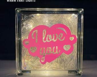 Valentines day &#39;I love you&#39; glass block light with fairy or plugin light options with or without ribbon bow