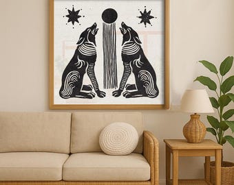 Para wilków | Wydruk artystyczny ze zwierzętami, łagodny i biały wystrój boho, ilustracja natury - BLANCED