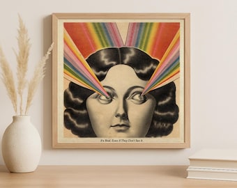 Surrealistyczne tęczowe oczy wydruk artystyczny | Retro psychodeliczna sztuka ścienna | Ilustracja psychodeliczna | Eklektyczny wystrój domu - BEZ RAMY