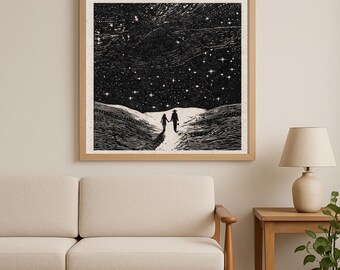 W drodze do domu | Niebiański wydruk artystyczny, wystrój domu, marzycielska nowoczesna ilustracja - BEZ RAMY