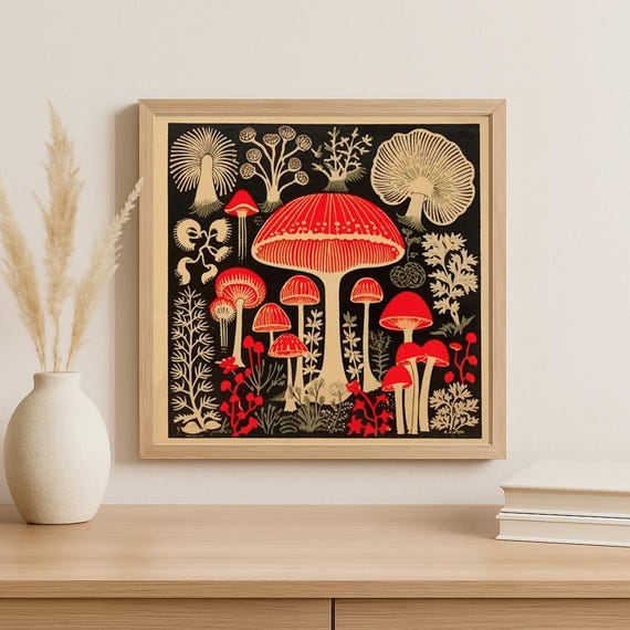 Mushroom Foraging Art Print | Botanical Fungi Illustration | Vintage Woodland Artwork | Eclectic Home Decor - UNFRAMED