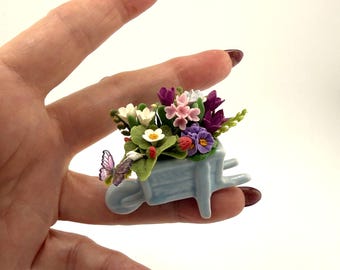 Miniature Porcelain Wheelbarrow Planter Flower Arrangement 1:12
