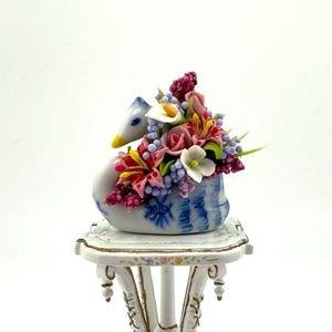 Miniature Asian Swan Flower Planter and Artisan Arrangement Roses Calla Lilies 1:12