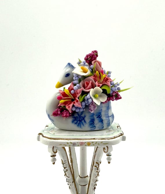 Miniature Asian Swan Flower Planter and Artisan Arrangement Roses Calla Lilies 1:12