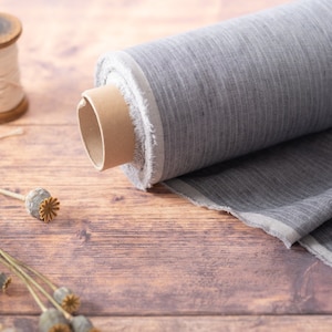Grey Stripes Mélange Linen Fabric by the Metre, OEKO Tex Certified Washed and Softened Lithuanian Linen 205 gsm, 145cm (57&quot;) Width