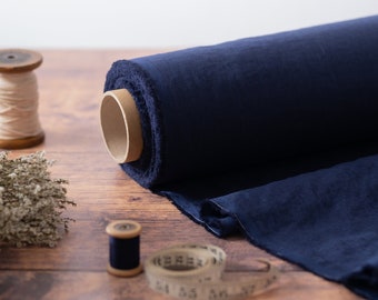 Navy Blue Linen Fabric by the Metre, OEKO Tex Certified Washed and Softened Lithuanian Linen 205 gsm, 145cm (57") Width