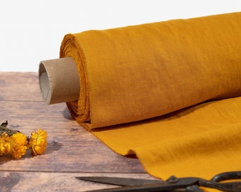 Golden Mustard Linen Fabric, Softened Lithuanian Linen Fabric by the Metre, OEKO Tex Certified Washed Pure Yellow Linen Fabric, 205 gsm