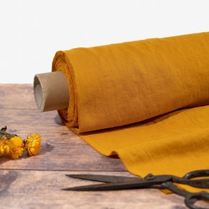 Golden Mustard Linen Fabric, Softened Lithuanian Linen Fabric by the Metre, OEKO Tex Certified Washed Pure Yellow Linen Fabric, 205 gsm