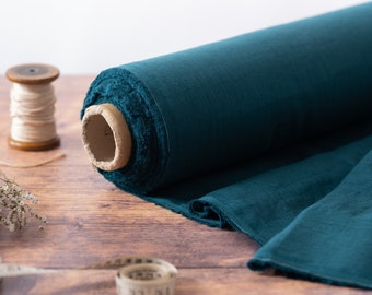 Deep Teal Blue Linen Fabric by the Metre, OEKO Tex Certified Washed and Softened Lithuanian Linen 205 gsm, 145cm (57") Width