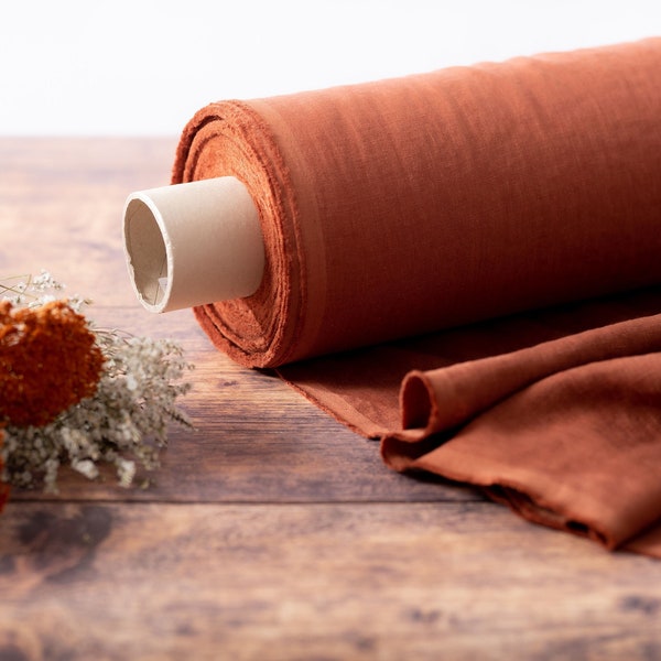 Terracotta Softened Lithuanian Linen Fabric by the Metre, OEKO Tex Certified Washed 100% Orange Linen Fabric, 205 gsm, 145cm (57") Width