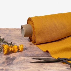 Golden Mustard Linen Fabric, Softened Lithuanian Linen Fabric by the Metre, OEKO Tex Certified Washed Pure Yellow Linen Fabric, 205 gsm