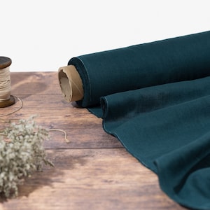 Teal Linen Fabric by the Metre, Deep Turquoise OEKO Tex Certified Washed Pure Lithuanian Linen Fabric, 205 gsm, 145cm (57&quot;) Width