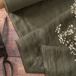 Khaki Green Linen Fabric by the Metre, OEKO Tex Certified Washed and Softened Lithuanian Linen 205 gsm, 145cm (57") Width