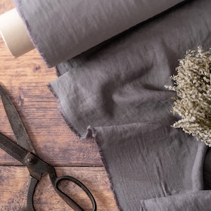 Graphite Grey Linen Fabric by the Metre, OEKO Tex Certified Washed and Softened Lithuanian Linen 205 gsm, 145cm (57&quot;) Width