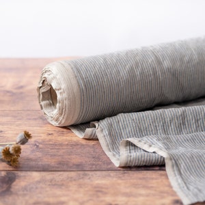 Blue Stripes Linen Fabric by the Metre, OEKO Tex Certified Washed Lithuanian Linen 205 gsm, 145cm (57&quot;) Width