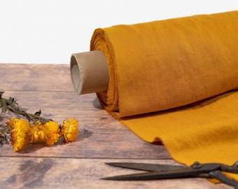 Golden Mustard Linen Fabric, Softened Lithuanian Linen Fabric by the Metre, OEKO Tex Certified Washed Pure Yellow Linen Fabric, 205 gsm