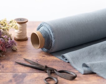 Blue Grey Linen Fabric by the Metre, OEKO Tex Certified Washed and Softened Lithuanian Linen 205 gsm, 145cm (57") Width