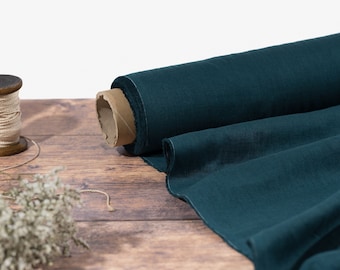 Teal Linen Fabric by the Metre, Deep Turquoise OEKO Tex Certified Washed Pure Lithuanian Linen Fabric, 205 gsm, 145cm (57") Width