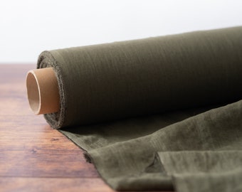 Khaki Green Linen Fabric by the Metre, OEKO Tex Certified Washed and Softened Lithuanian Linen 205 gsm, 145cm (57") Width