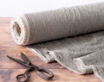 Tissu lin gris et rayures naturelles au mètre, lin lituanien lavé certifié OEKO Tex 205 g/m², 145 cm (57") de largeur