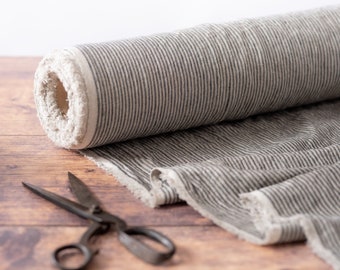 Grey Striped Linen Fabric, OEKO-TEX® Certified Lithuanian Linen, 205gsm, 145cm Width