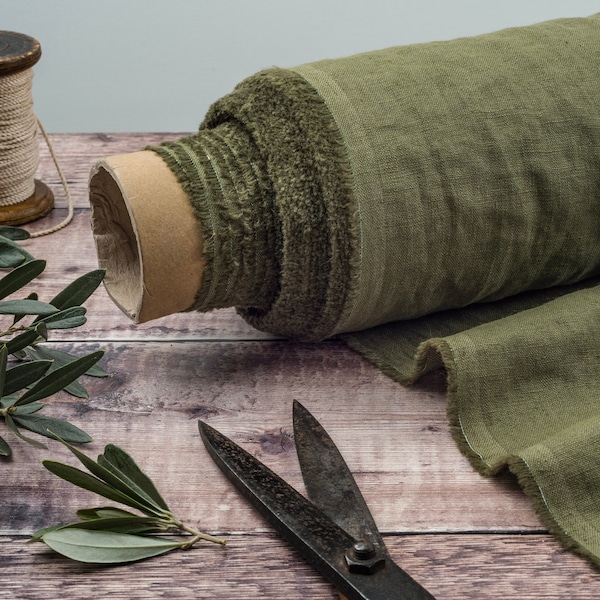 Olive Linen Fabric by the Metre, Pure Softened Green Linen Fabric, 205 gsm, 145cm (57") Width