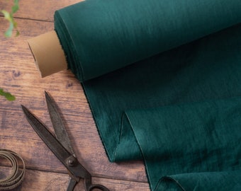 Dark Forest Green Linen Fabric by the Metre, OEKO Tex Certified Washed and Softened Lithuanian Linen 205 gsm, 145cm (57") Width
