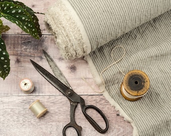 Greyish Green Striped Linen Fabric, Softened OEKO-TEX® Certified, 205 gsm, 145cm Width