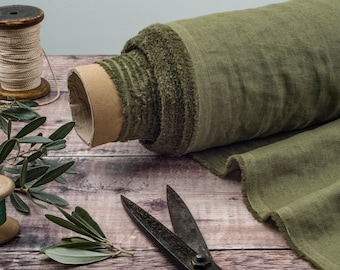 Olive Linen Fabric by the Metre, Pure Softened Green Linen Fabric, 205 gsm, 145cm (57") Width