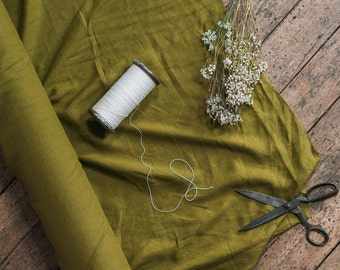Moss Green Linen Fabric, Soft Washed OEKO Tex Certified European Flax 205 gsm