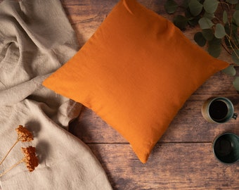 Pumpkin Orange Linen Cushion Cover, Softened Pure Linen Orange Cushions with Zipper 45cm x 45cm (18")