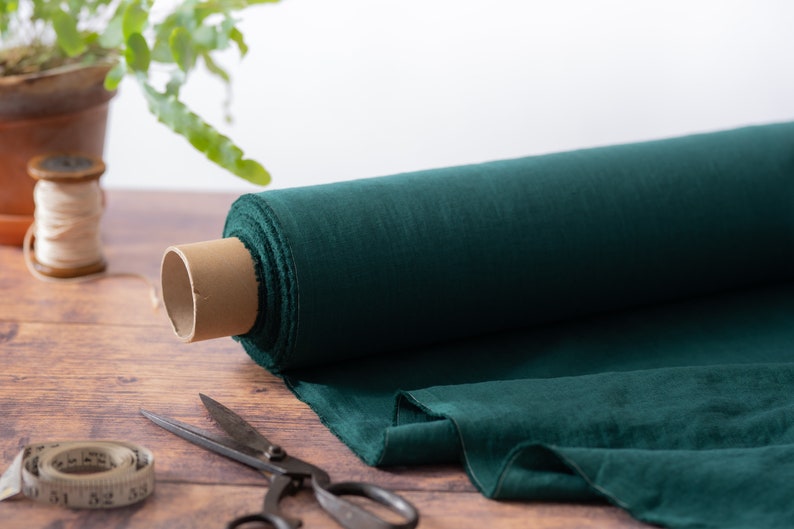 Dark Forest Green Linen Fabric by the Metre, OEKO Tex Certified Washed and Softened Lithuanian Linen 205 gsm, 145cm 57 Width image 3