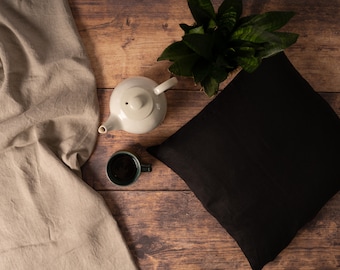 Black Linen Cushion Cover, Pure Linen Black Cushions with Zipper 45cm x 45cm (18")