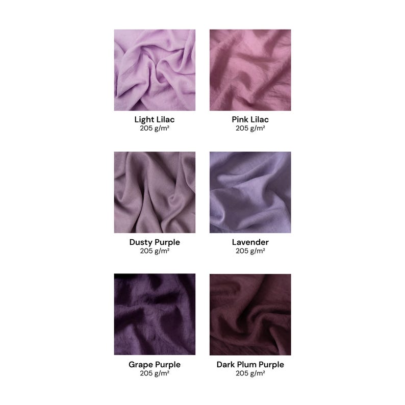 Puede incluir: Una cuadr&iacute;cula de seis muestras de tela en varios tonos de morado etiquetadas como Light Lilac, Pink Lilac, Dusty Purple, Lavender, Grape Purple y Dark Plum Purple. Cada muestra indica un peso de 205 g/m&sup2; impreso debajo del nombre.