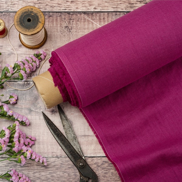 Magenta Linen Fabric by the Metre, Softened OEKO Tex Certified Pink Linen Fabric, 205 gsm, 145cm (57") Width