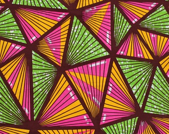 Pink and Green Triangles African Wax Print Fabric, GTP Nu-Style Fabric By The Yard