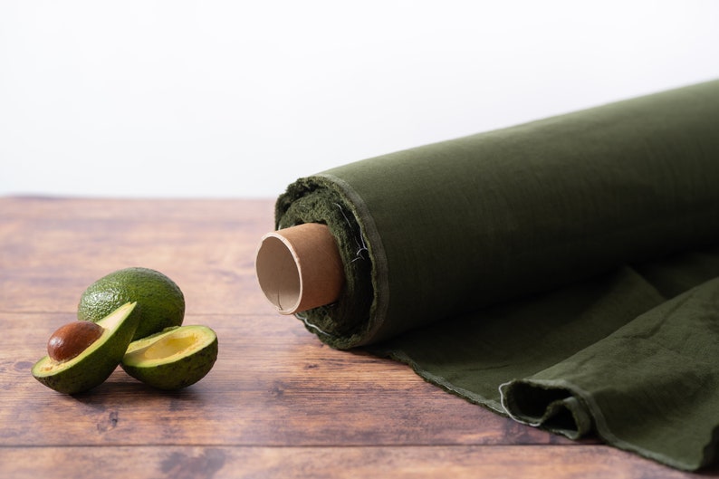 Avocado Green Linen Fabric by the Metre, OEKO Tex Certified Washed Lithuanian Linen 205 gsm, 145cm 57 Width image 1