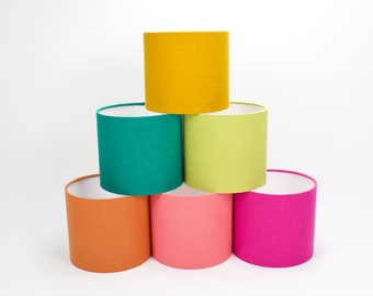 Linen Colourful Lamp Shades, Bright Drum Lamp Shades in 20cm 25cm 30cm 40cm Diameter, UNO Drum Lampshade, Handmade in the UK