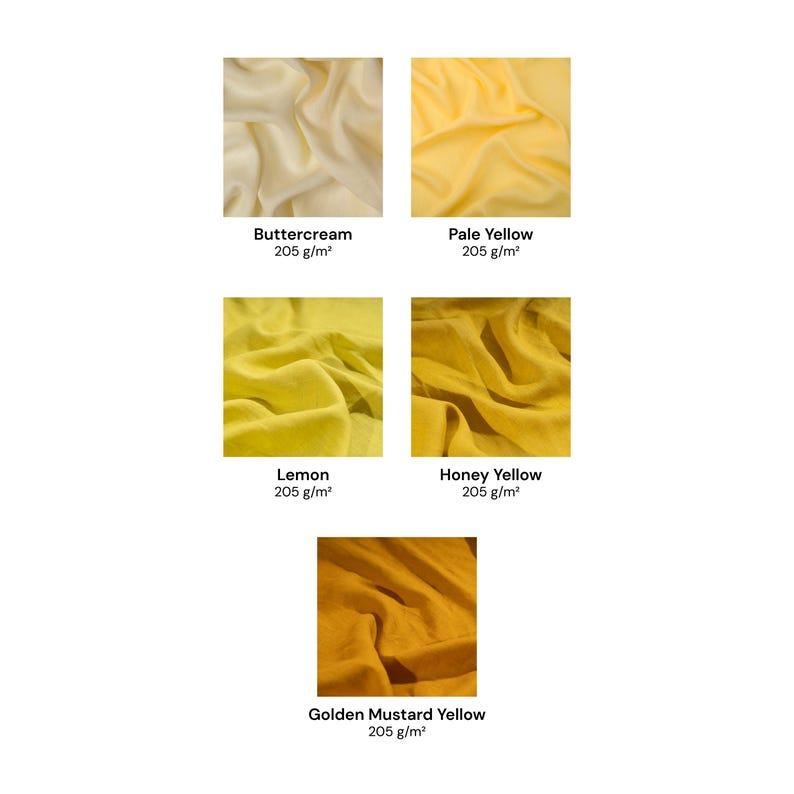 Puede incluir: Cinco muestras de tela en tonos amarillos, etiquetadas como Buttercream, Pale Yellow, Lemon, Honey Yellow y Golden Mustard Yellow. Cada muestra tiene un peso de 205 g/m&sup2; y muestra una textura suave y drapeada con pliegues y sombras visibles.