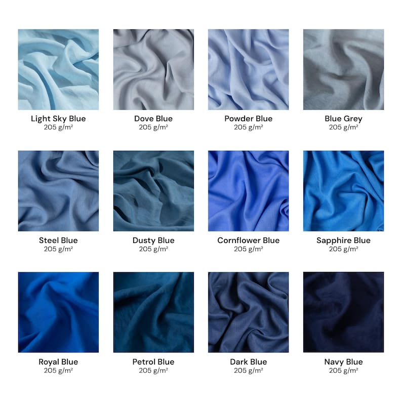 Puede incluir: Una cuadr&iacute;cula de doce muestras de tela en varios tonos de azul, incluyendo Light Sky Blue, Dove Blue, Powder Blue, Blue Grey, Steel Blue, Dusty Blue, Cornflower Blue, Sapphire Blue, Royal Blue, Petrol Blue, Dark Blue y Navy Blue.