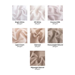 Puede incluir: Una cuadr&iacute;cula de siete muestras de tela en tonos neutros. Los colores incluyen Bright White, Off White, Coconut Milk, Light Cream, Oatmeal, Heavyweight Natural y Midweight Natural. Cada muestra indica un peso de 205 g/m&sup2;, 290 g/m&sup2; o 200 g/m&sup2;.