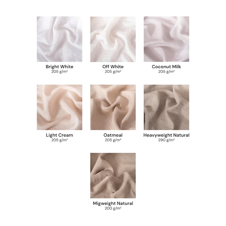 Puede incluir: Una cuadr&iacute;cula de siete muestras de tela en tonos neutros. Los colores incluyen Bright White, Off White, Coconut Milk, Light Cream, Oatmeal, Heavyweight Natural y Midweight Natural. Cada muestra indica un peso de 205 g/m&sup2;, 290 g/m&sup2; o 200 g/m&sup2;.