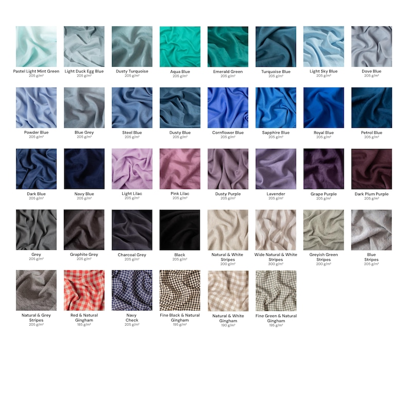 Puede incluir: Una cuadr&iacute;cula de muestras de tela que muestra varios colores s&oacute;lidos y patrones, incluyendo rayas y cuadros vichy. Cada cuadrado incluye el nombre del color y el peso en g/m&sup2;, desde verde menta claro hasta ciruela oscuro y negro.