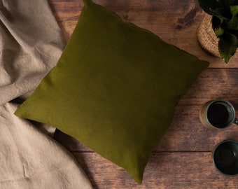 Moss Green Linen Cushion Cover, Softened Pure Linen Cushions With