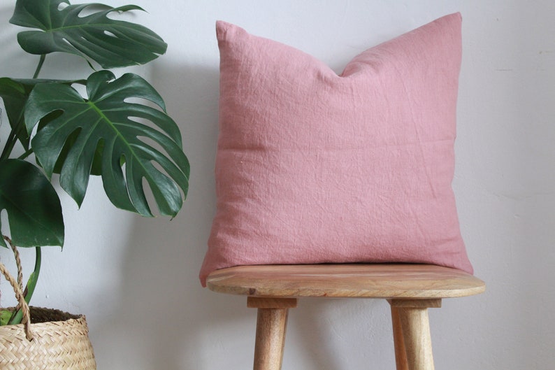 Softened Linen Cushion Cover, Stonewashed Linen Cushions, Pure Linen Throw Pillow Covers 45cm x 45cm 18 Rose Pink