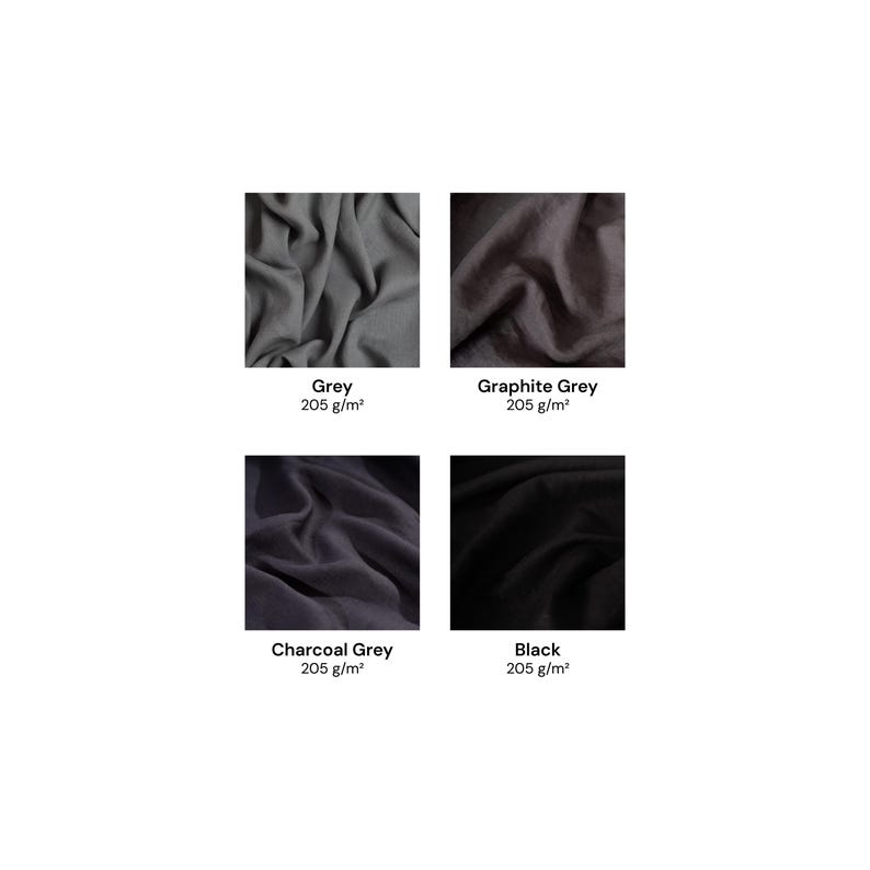 Puede incluir: Cuatro muestras de tela en tonos gris y negro, etiquetadas como Grey, Graphite Grey, Charcoal Grey y Black. Cada muestra est&aacute; identificada con un peso de 205 g/m&sup2;. La tela muestra una textura suave y plegada en cada variante de color.