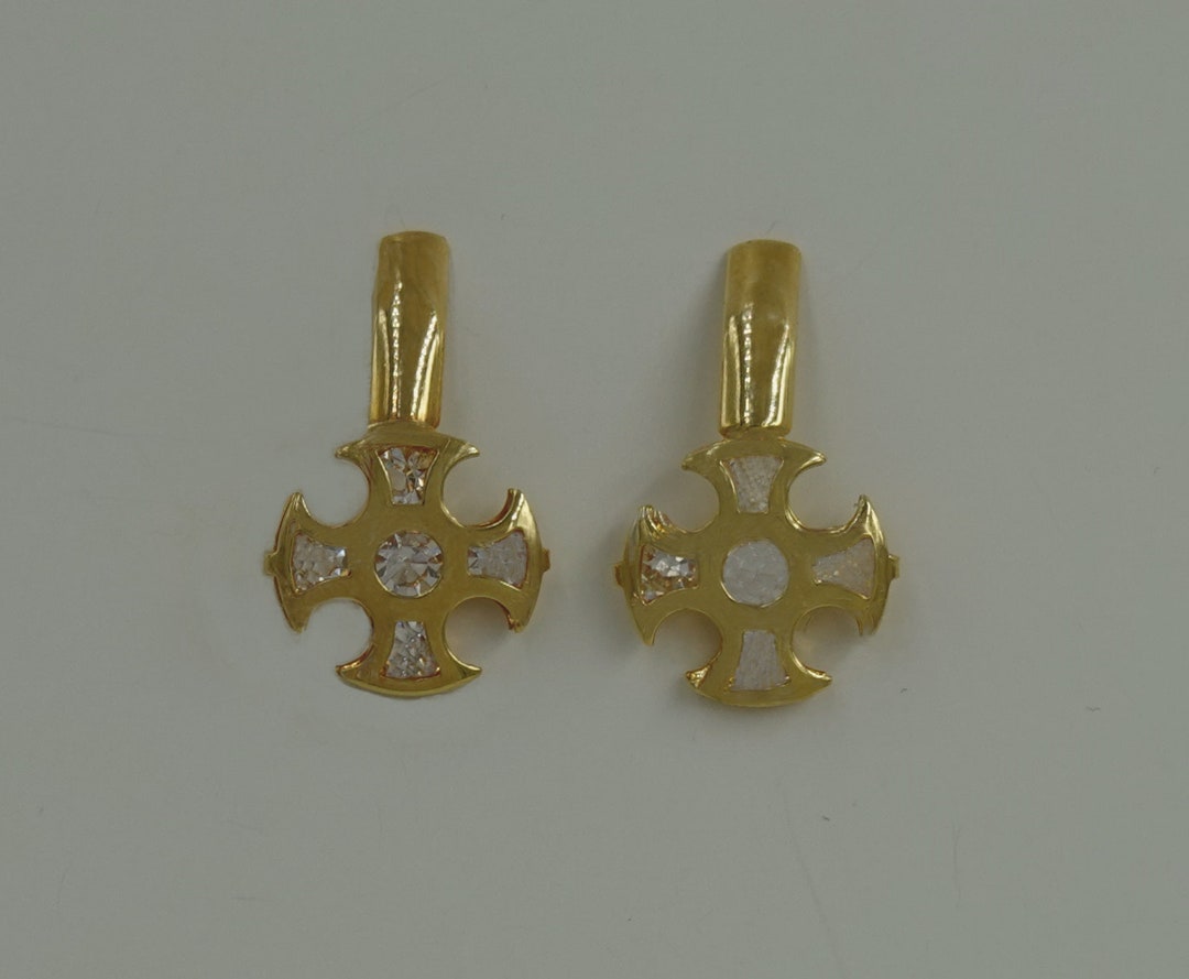 18K Triple Gold Plated Unique Rounded Cross Dangling Earrings Etsy