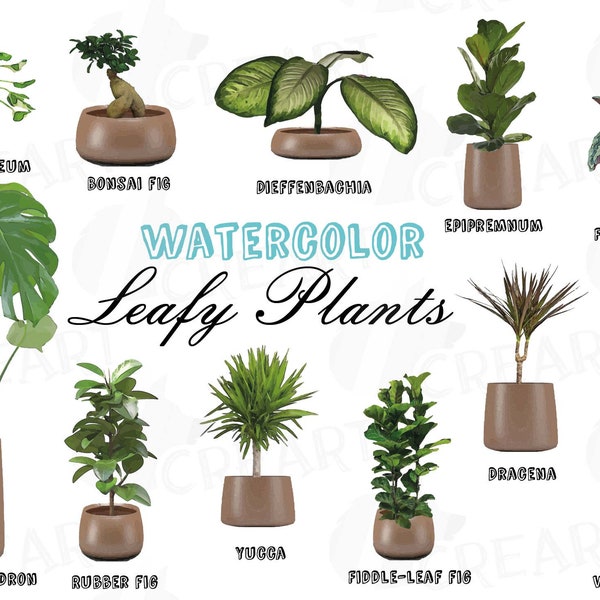 Leafy plants clip art collection, Watercolor plants in ceramic pot, plants wall decor, printable PNG, jpg, svg, vector illustrator files